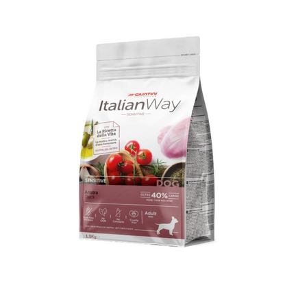 Italianway crocchette, crocchette monoproteiche cane, crocchette anatra cane mini grain free, Italian Way Sensitive Mini Anatra, cibo ipoallergenico cane piccola taglia, alimento omega 3 6 cane, crocchette low carb cane sensibile