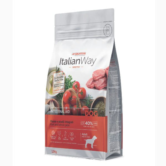Italianway Crocchette cane, crocchette cane intestino delicato, alimento grain free maiale piselli, crocchette ipoallergeniche cane, fibra Arbocel psyllium cane, ItalianWay Intestinal Aid