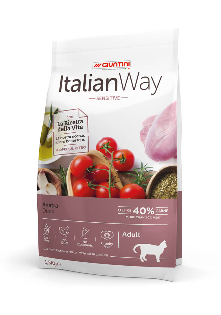 Italianway crocchette gatto, crocchette grain free gatti anatra, cibo secco gatti sensibili, crocchette ipoallergeniche gatto, crocchette per pelle e pelo lucido, crocchette Italian Way Sensitive Anatra, crocchette gatto Made in Italy