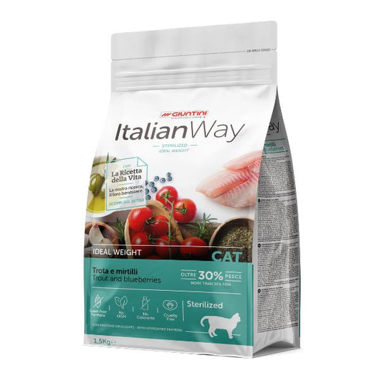 Italianway crocchette gatto, crocchette grain free trota mirtilli, cibo secco gatti sterilizzati, crocchette ideale weight gatti sterilizzati, Italian Way ricetta della vita, crocchette italiane senza cereali