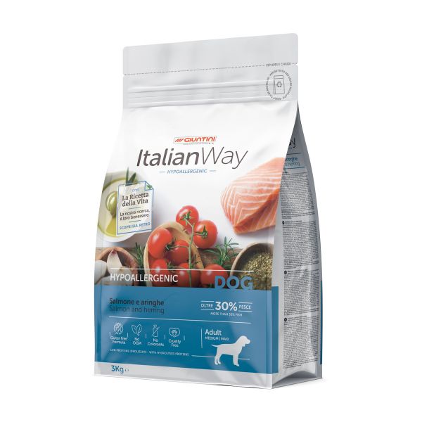 Italianway crocchette, crocchette grain free salmone aringhe, crocchette ipoallergeniche cani, cibo secco per cani sensibili, omega 3 omega 6 cane, ItalianWay Hypoallergenic