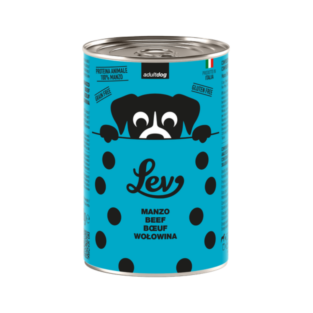 Lev umido cane 400g, alimento umido completo cane, cibo umido cane italiano, umido cane senza glutine, alimento cane 100 proteine animali, umido cane senza conservanti, cibo cane senza coloranti, alimento cane NO OGM, umido cane naturale, Lev cane completo