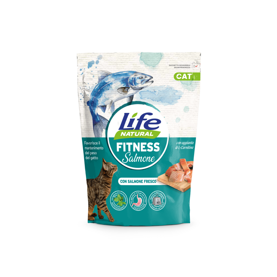 Life Natural Fitness, crocchette gatto salmone fresco, cibo secco gatto fitness, crocchette gatto sedentario, alimento completo gatto adulto, Life Natural 800g, gatto obeso, gatto in sovrappeso, light