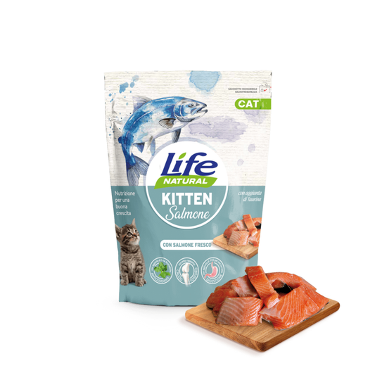 Life Natural Kitten salmone, crocchette per gatti cuccioli, cibo secco gattini, alimento kitten salmone fresco, crocchette alta digeribilità gatti, Life Natural 800g