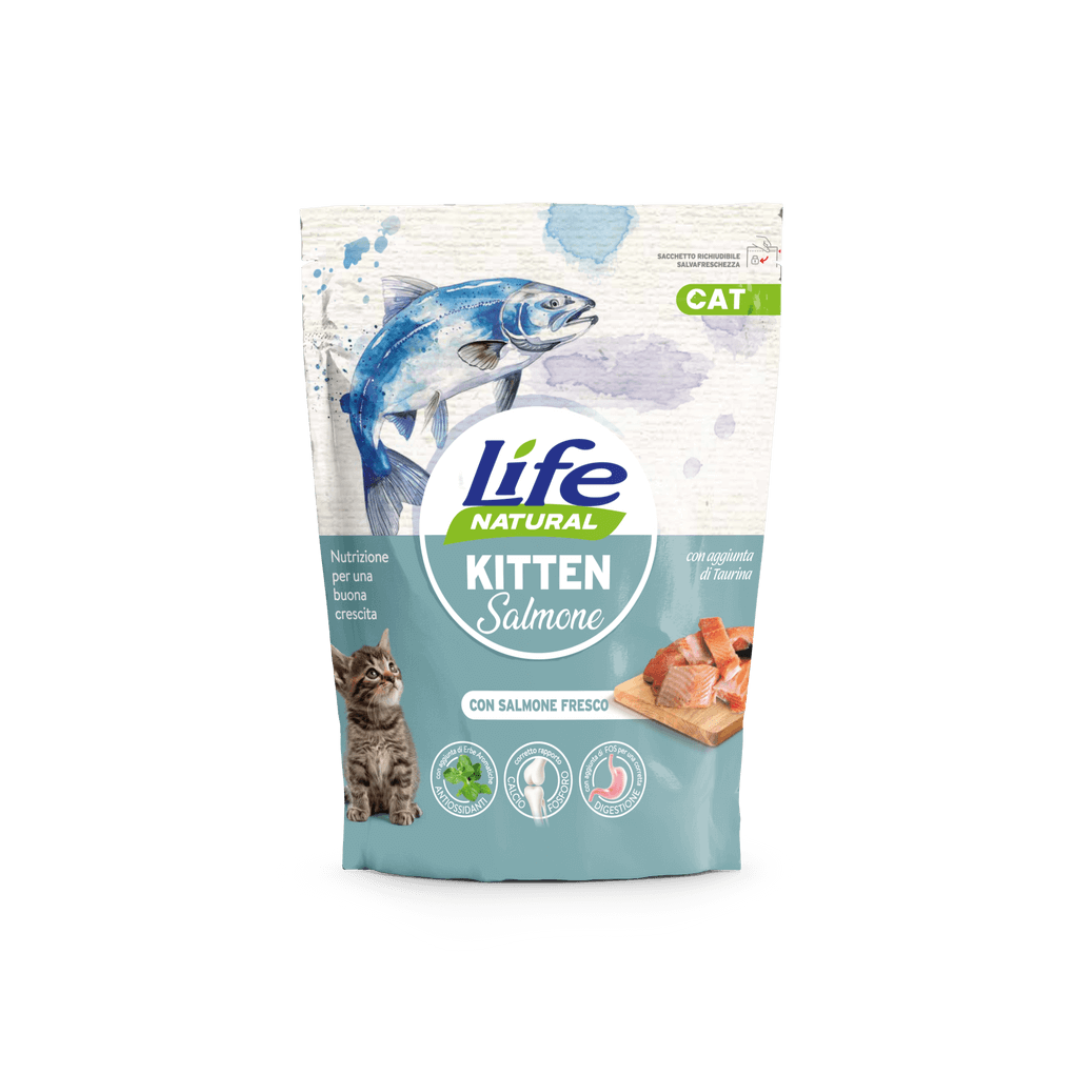 Life Natural Kitten salmone, crocchette per gatti cuccioli, cibo secco gattini, alimento kitten salmone fresco, crocchette alta digeribilità gatti, Life Natural 800g