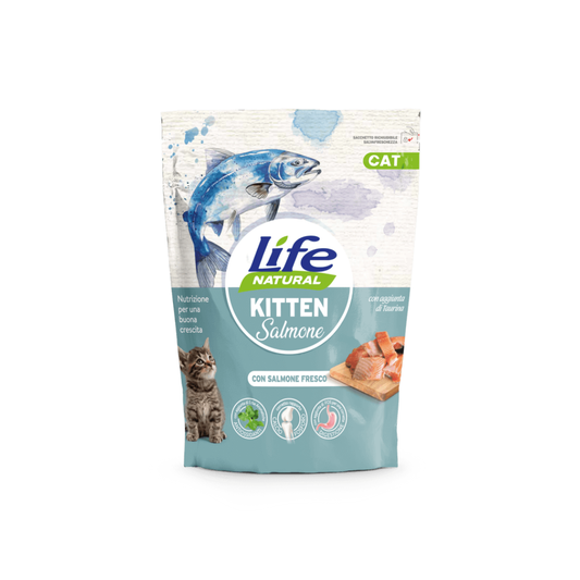 Life Natural Kitten salmone, crocchette per gatti cuccioli, cibo secco gattini, alimento kitten salmone fresco, crocchette alta digeribilità gatti, Life Natural 800g
