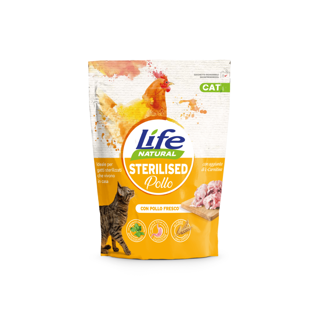 Life Natural Sterilised, crocchette per gatti sterilizzati, cibo secco gatto sterilizzato, alimento completo gatti sterilizzati, controllo peso gatto, Life Natural 800g