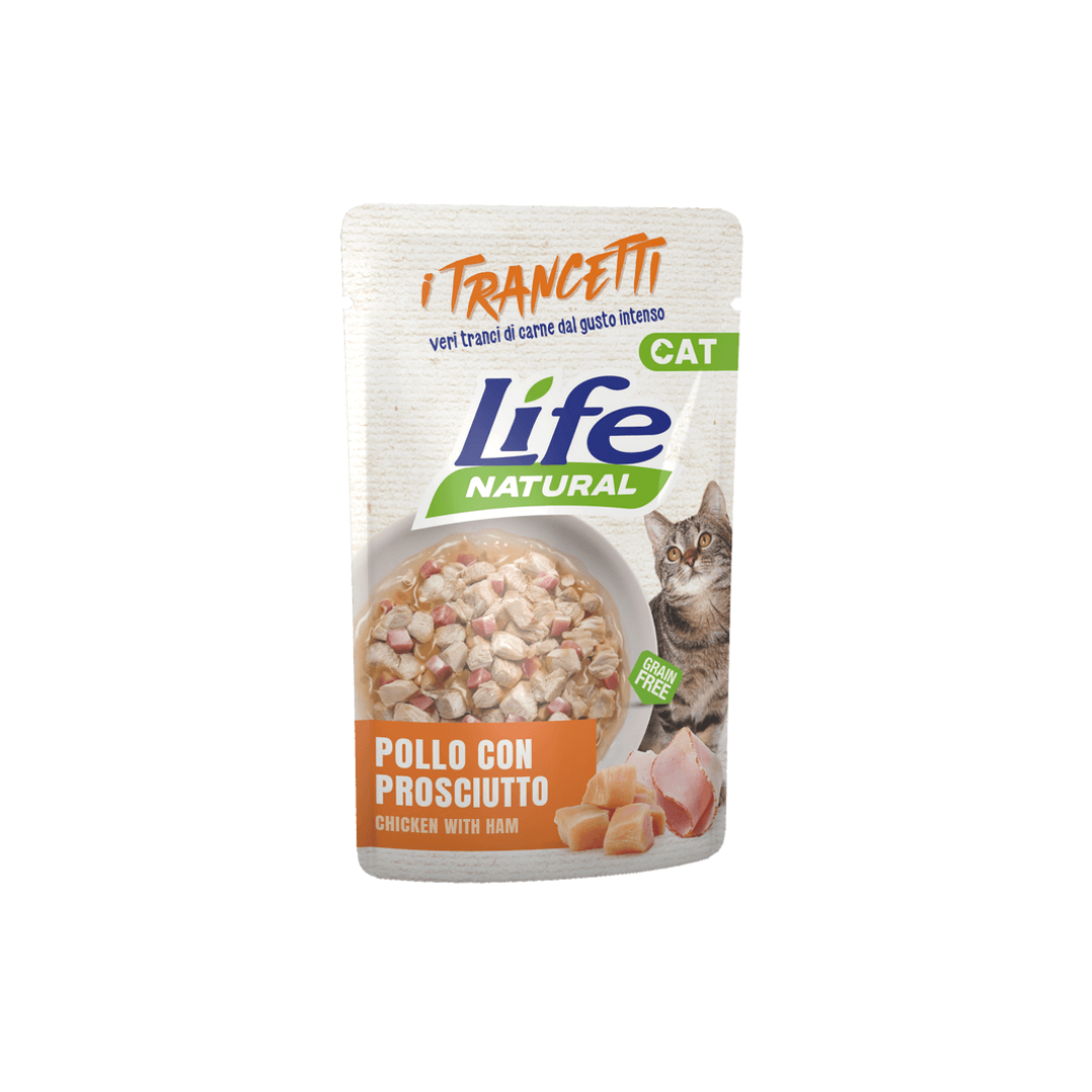 Life Natural i Trancetti, umido naturale per gatti, trancetti di carne gatto, alimento complementare per gatti, busta umido 55g gatto, veri tranci naturale, cibo naturale grain free gatto