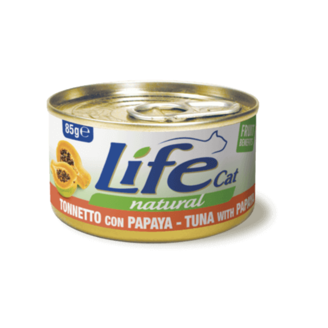 Umido gatto, umido per gatto, umido gatti, umido per gatti, umido naturale per gatti tonno con frutta, Life Natural frutta, cibo umido gatti senza additivi, frutta per gatti, ricette Life Cat Natural Fruit 85 g, tonno con mela, tonno con papaya