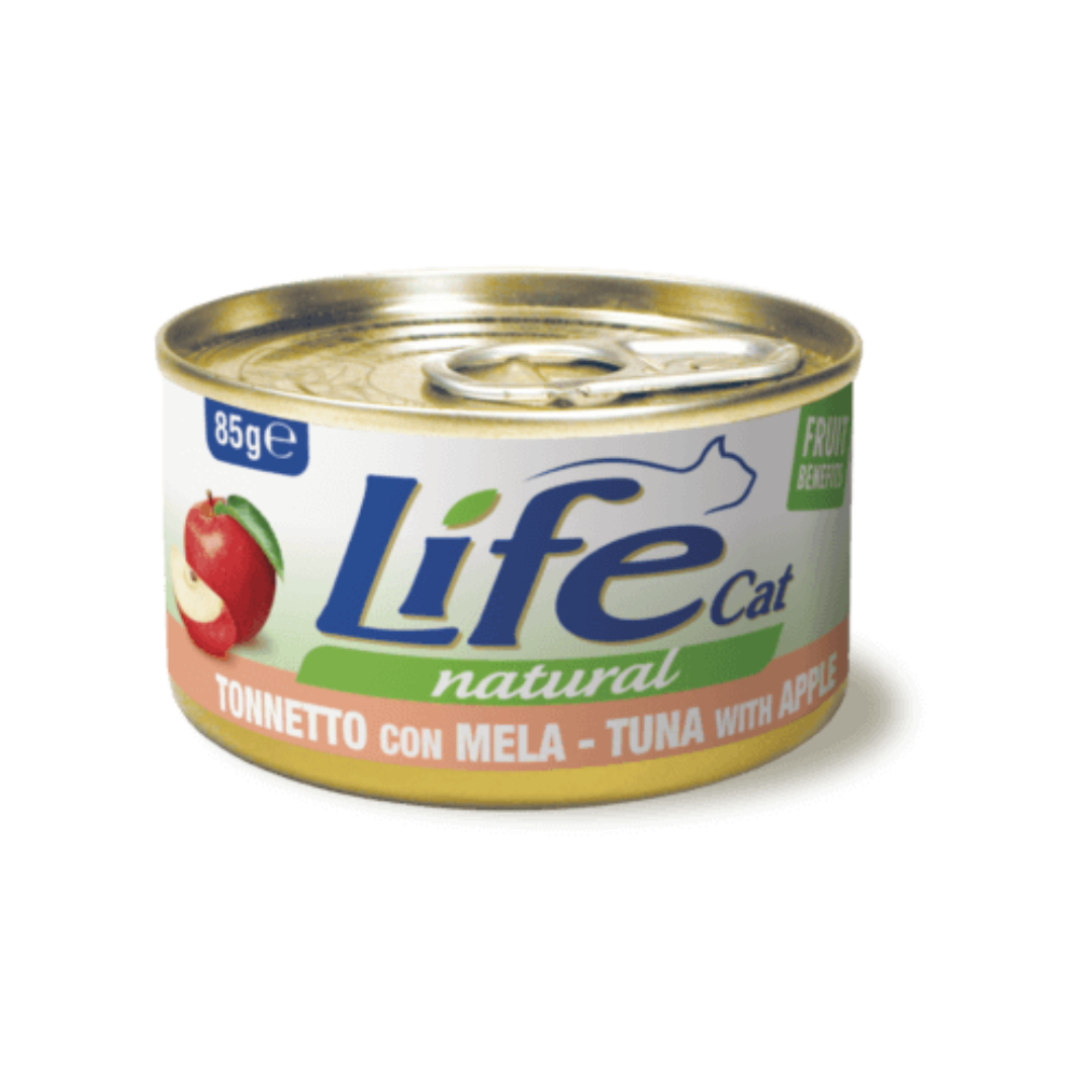 Umido gatto, umido per gatto, umido gatti, umido per gatti, umido naturale per gatti tonno con frutta, Life Natural frutta, cibo umido gatti senza additivi, frutta per gatti, ricette Life Cat Natural Fruit 85 g, tonno con mela, tonno con papaya