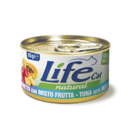Umido gatto, umido per gatto, umido gatti, umido per gatti, umido naturale per gatti tonno con frutta, Life Natural frutta, cibo umido gatti senza additivi, frutta per gatti, ricette Life Cat Natural Fruit 85 g, tonno con mela, tonno con papaya