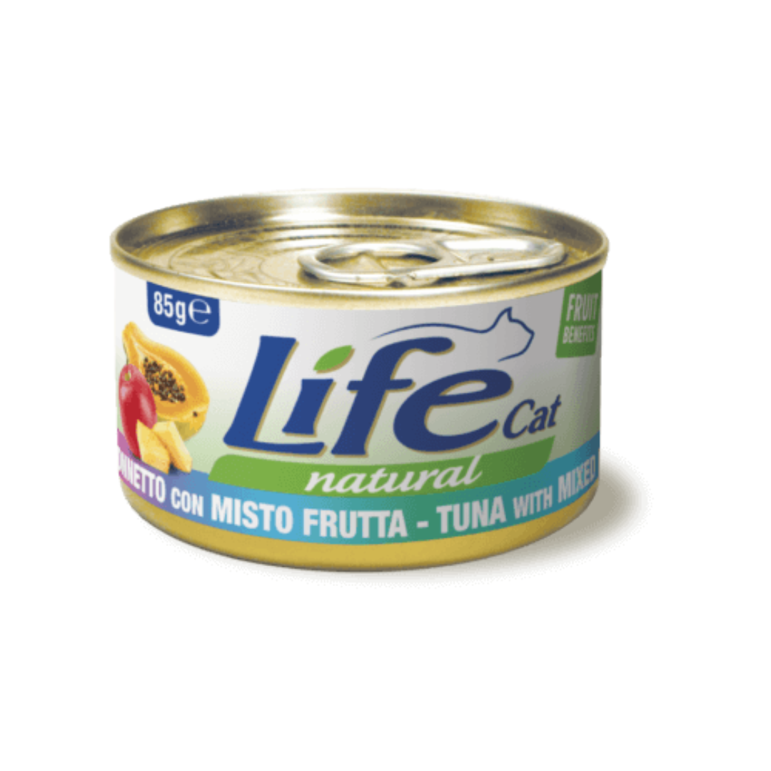 Umido gatto, umido per gatto, umido gatti, umido per gatti, umido naturale per gatti tonno con frutta, Life Natural frutta, cibo umido gatti senza additivi, frutta per gatti, ricette Life Cat Natural Fruit 85 g, tonno con mela, tonno con papaya