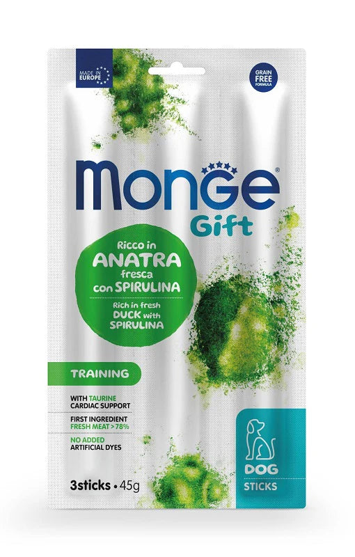 Snack cane, snack addestramento cane, sticks grain free anatra spirulina, snack alta digeribilità cane, premio funzionale taurina spirulina, Monge Gift Sticks training