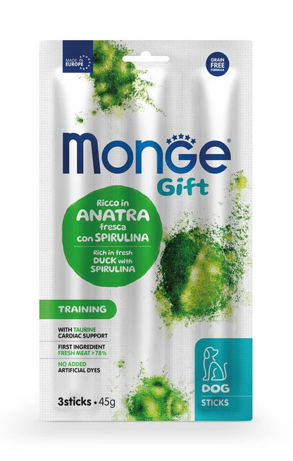 Snack cane, snack addestramento cane, sticks grain free anatra spirulina, snack alta digeribilità cane, premio funzionale taurina spirulina, Monge Gift Sticks training
