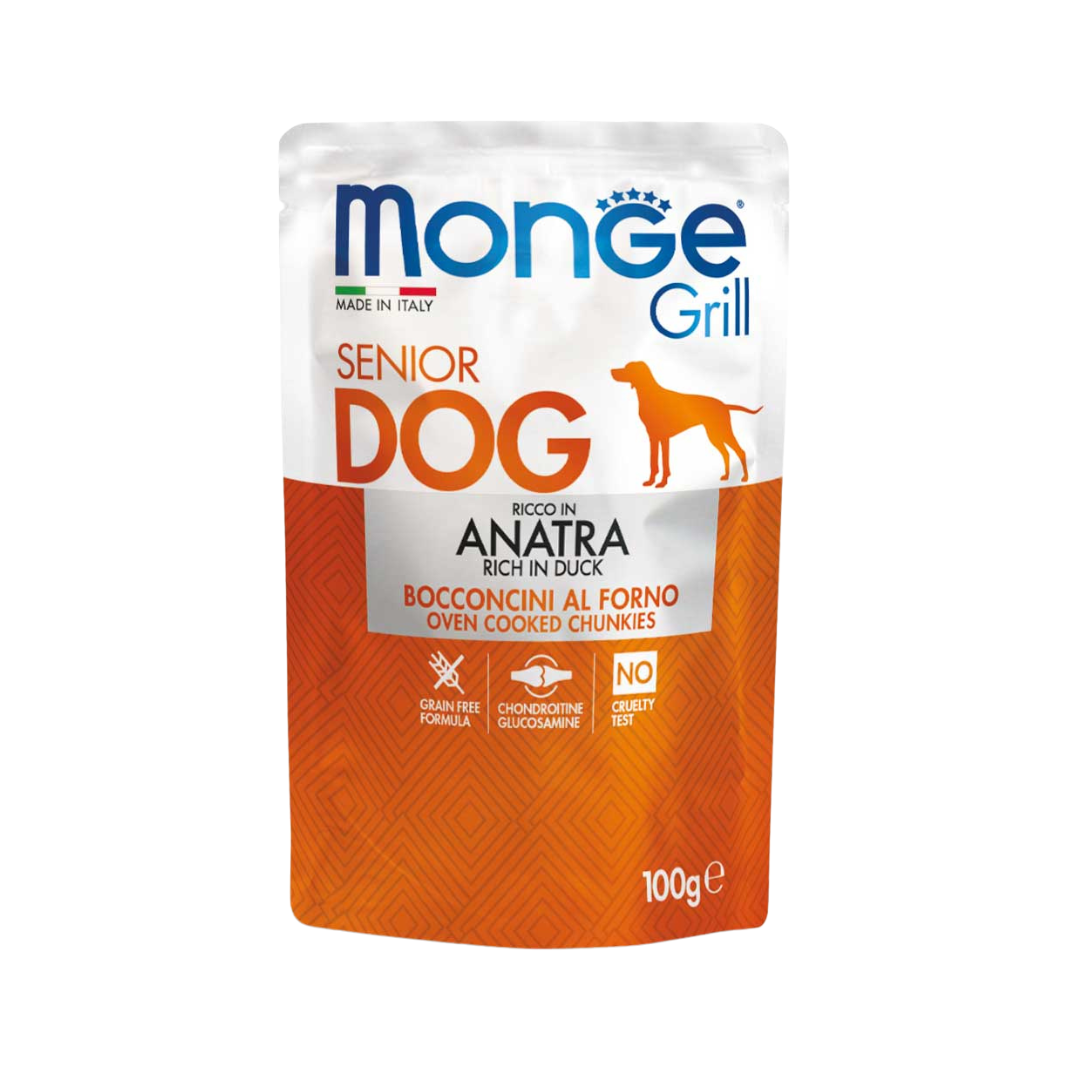 Monge Umido Cane, Cani Anziani, Monge Grill Anatra bocconcini, umido cane grain free anatra, bocconcini gelatina glucosamina condroitina, alimento umido superpremium cane anziano