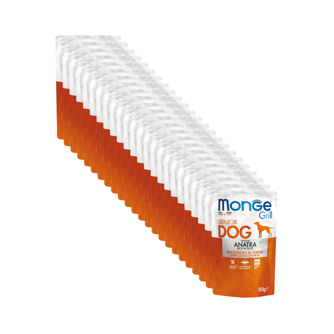 Monge Umido Cane, Cani Anziani, Monge Grill Anatra bocconcini, umido cane grain free anatra, bocconcini gelatina glucosamina condroitina, alimento umido superpremium cane anziano