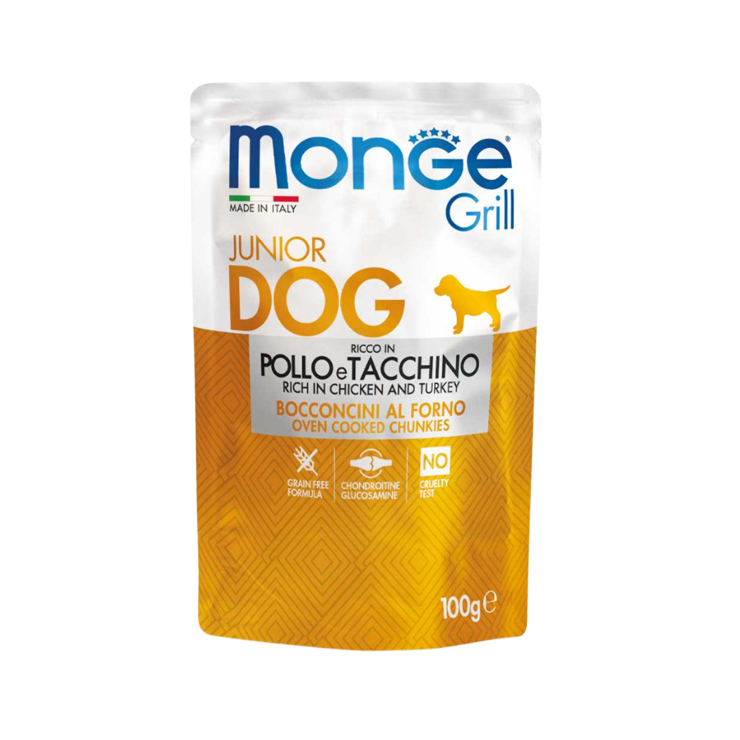 Monge Grill Junior Pollo e Tacchino Umido in Bocconcini con Gelatina per Cani Cuccioli 100g