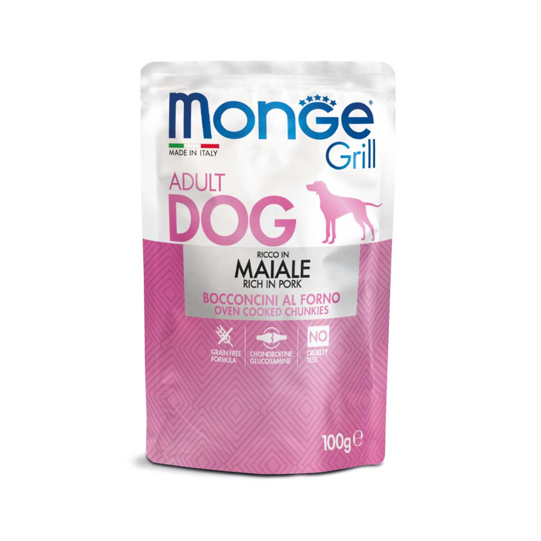 Monge Grill Maiale bocconcini, umido cane senza cereali, glucosamina condroitina cane, bocconcini in gelatina cane Monge