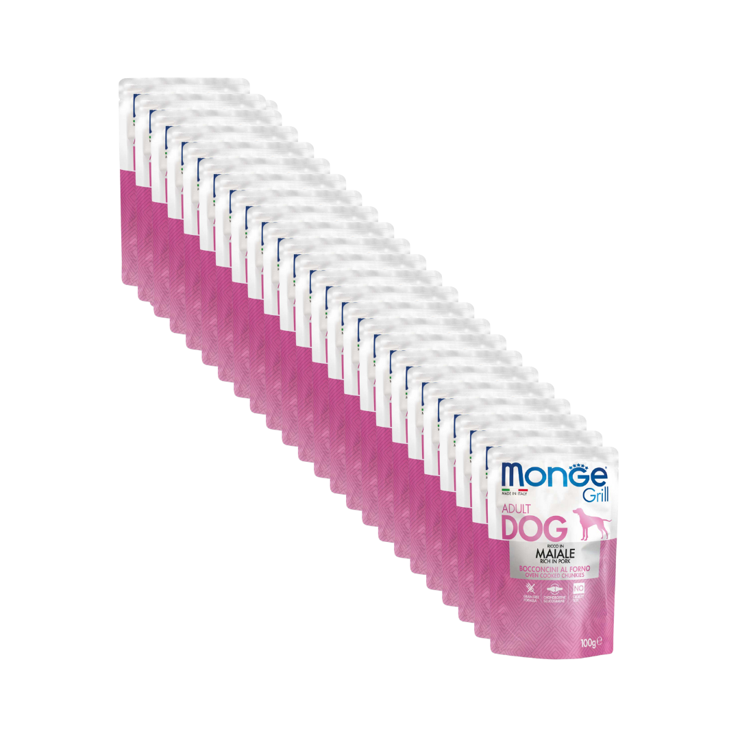 Monge Grill Maiale bocconcini, umido cane senza cereali, glucosamina condroitina cane, bocconcini in gelatina cane Monge