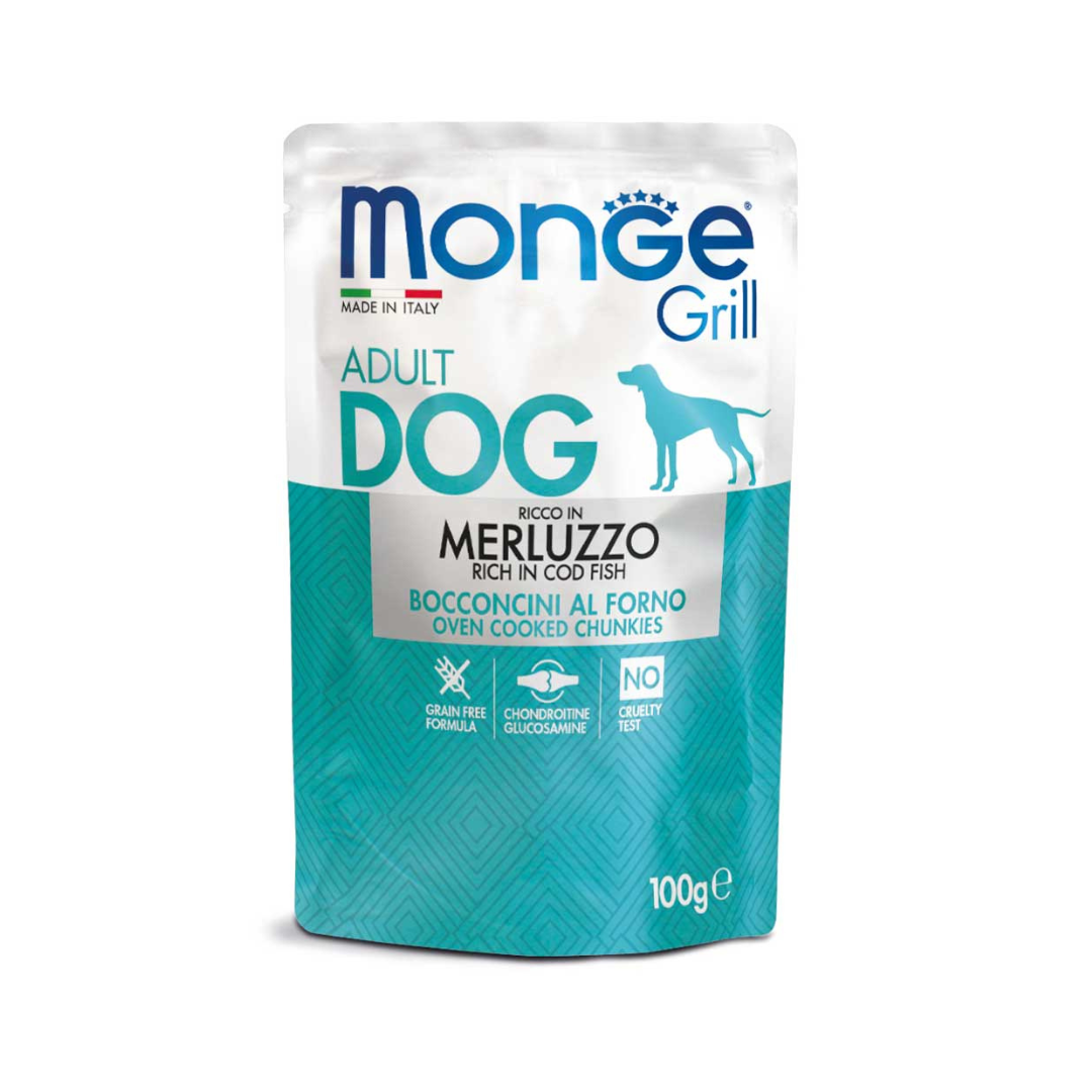 Monge Umido Cane, Monge Grill Merluzzo bocconcini, umido cane grain free merluzzo, bocconcini gelatina glucosamina condroitina, alimento umido superpremium cane