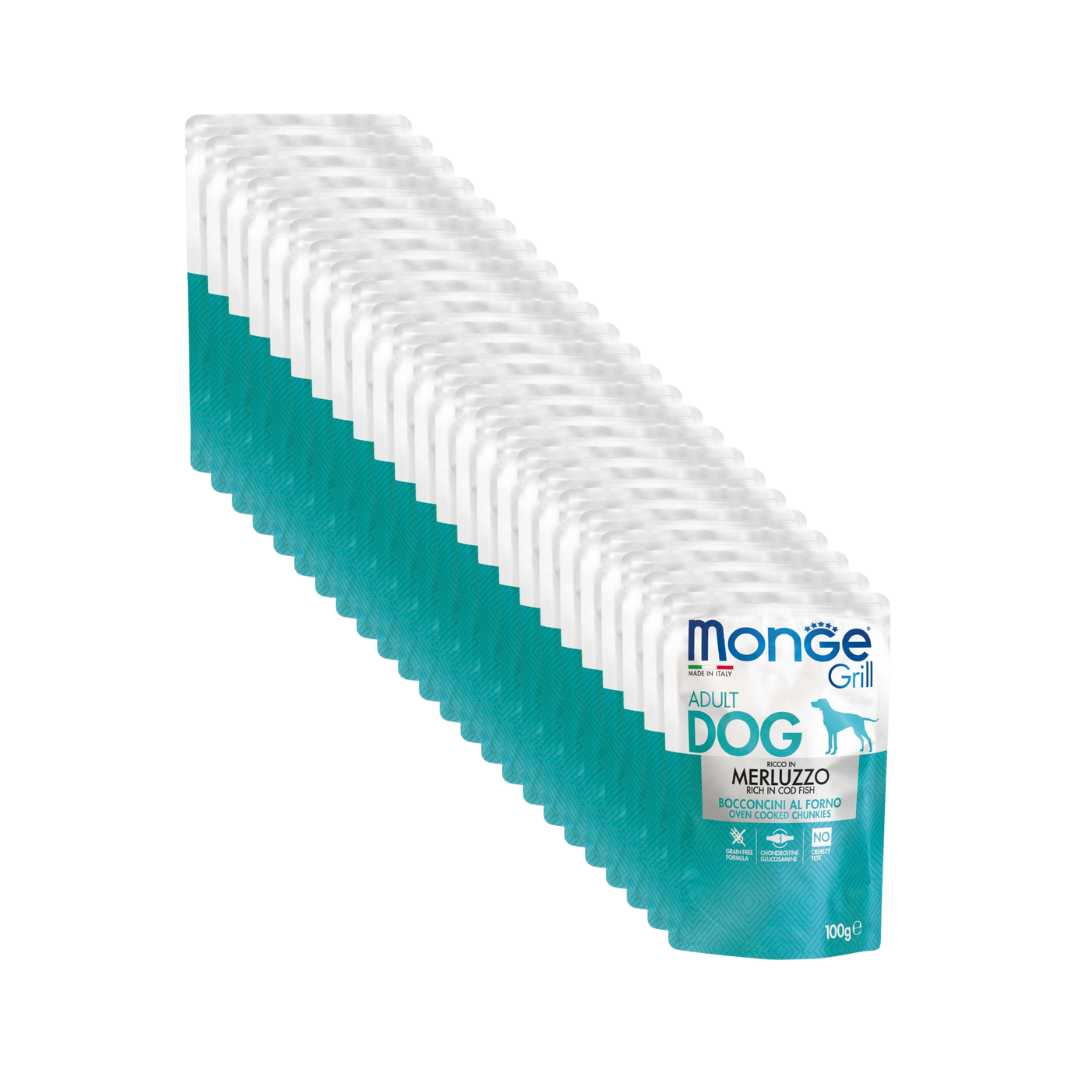 Monge Umido Cane, Monge Grill Merluzzo bocconcini, umido cane grain free merluzzo, bocconcini gelatina glucosamina condroitina, alimento umido superpremium cane