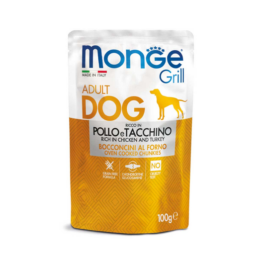 Monge Umido Cane, Monge Grill pollo e Tacchino bocconcini, umido cane grain free pollo e tacchino,  bocconcini gelatina glucosamina condroitina, alimento umido superpremium cane