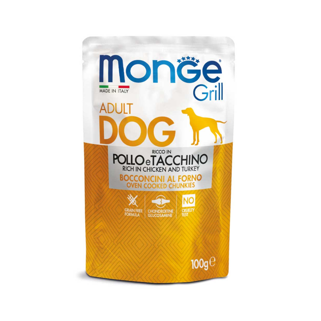 Monge Umido Cane, Monge Grill pollo e Tacchino bocconcini, umido cane grain free pollo e tacchino,  bocconcini gelatina glucosamina condroitina, alimento umido superpremium cane