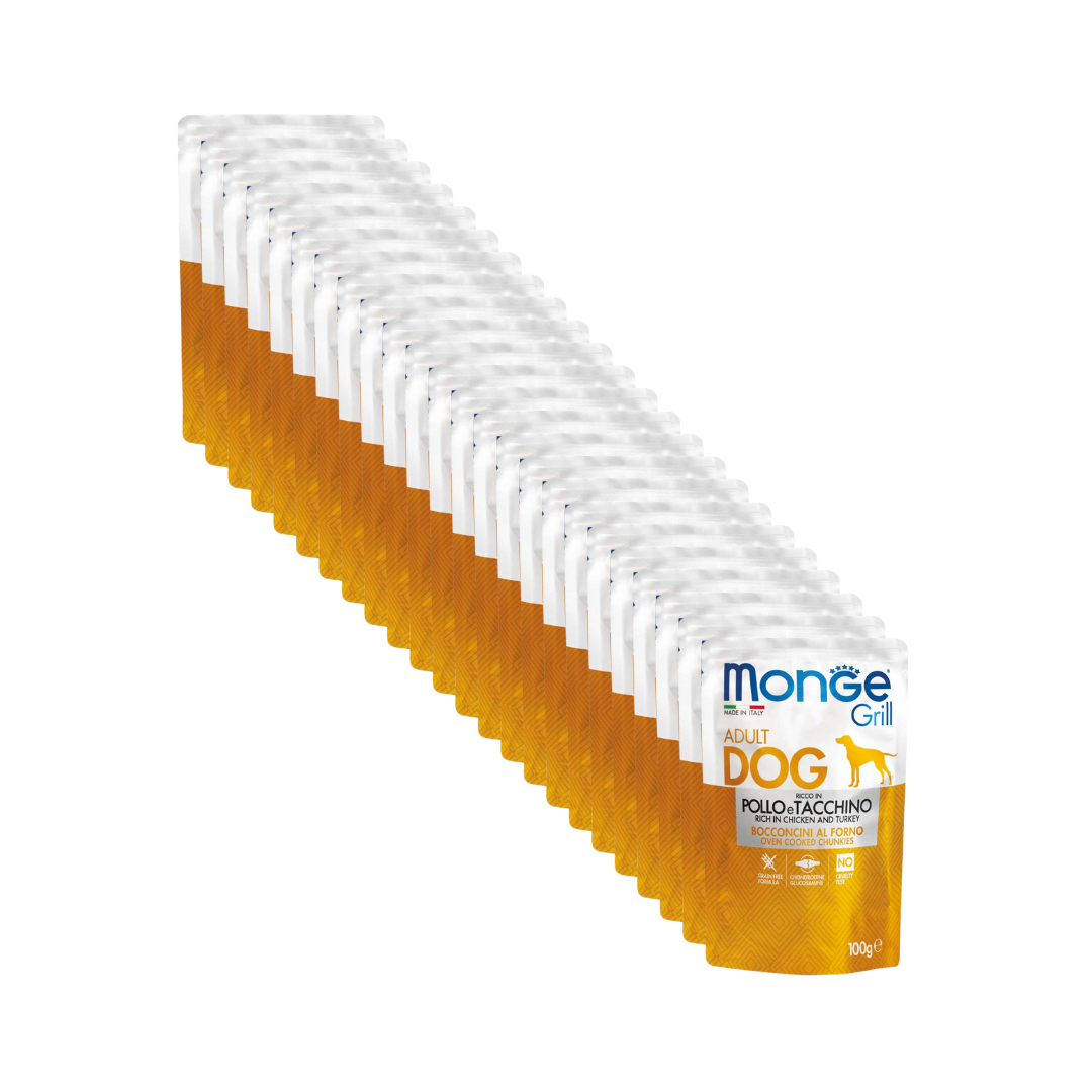 Monge Umido Cane, Monge Grill pollo e Tacchino bocconcini, umido cane grain free pollo e tacchino,  bocconcini gelatina glucosamina condroitina, alimento umido superpremium cane