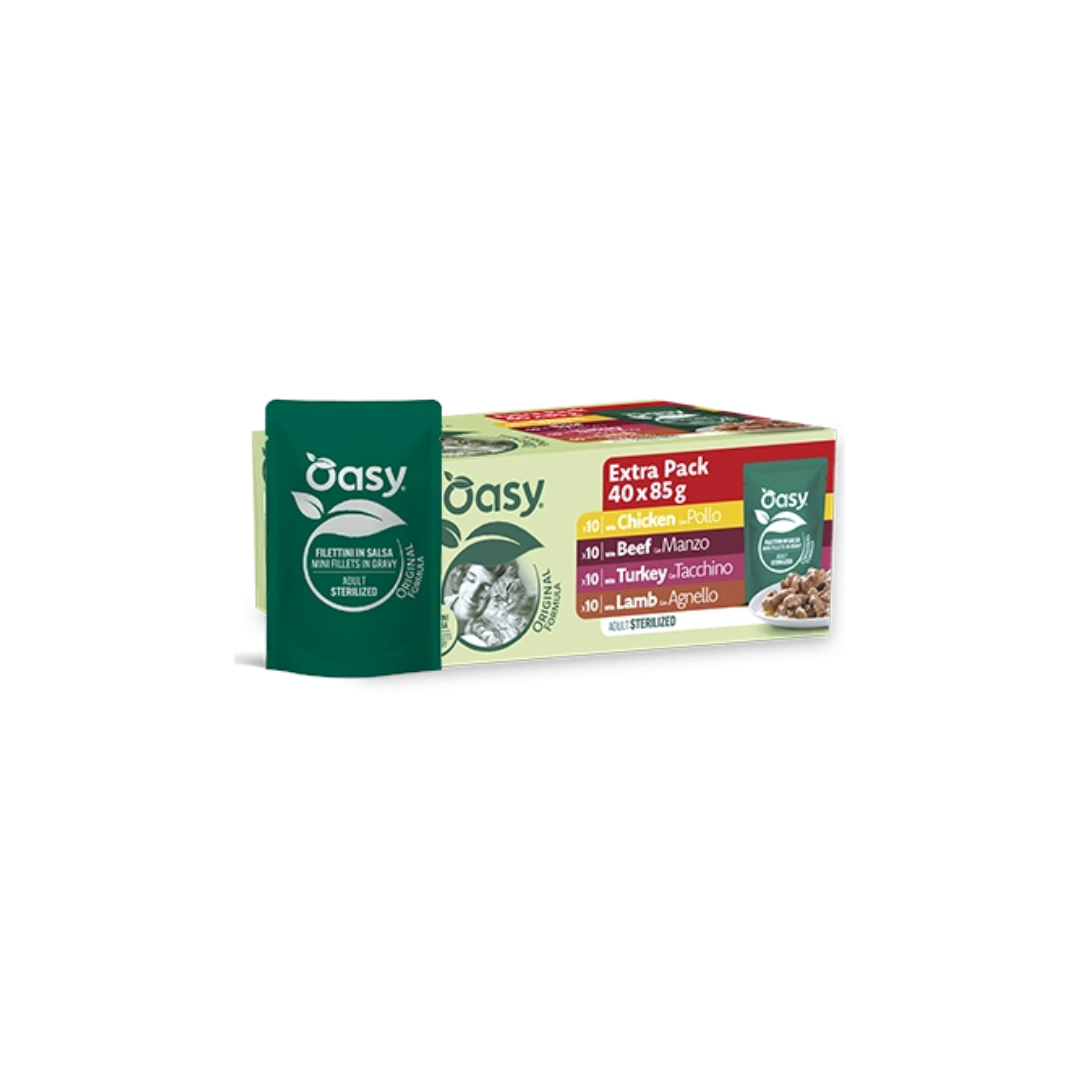 oasy sterilized filettini in salsa, multipack umido gatti 40x85g, cibo umido per gatti sterilizzati, oasy umido gatto multipack, filettini in salsa gatto sterilizzato, umido naturale gatti sterilizzati, oasy cat sterilized, bustine umido gatto appetibile