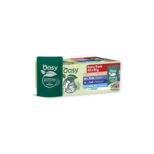 oasy sterilized filettini in salsa, multipack umido gatti 40x85g, cibo umido per gatti sterilizzati, oasy umido gatto multipack, filettini in salsa gatto sterilizzato, umido naturale gatti sterilizzati, oasy cat sterilized, bustine umido gatto appetibile