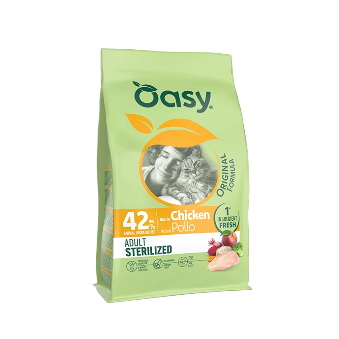 oasy sterilised 1,5 kg, crocchette gatti sterilizzati, cibo secco per gatti sterilizzati pollo, alimentazione gatti sterilizzati, oasy gatto sterilised, gestione peso gatti sterilizzati, crocchette leggere per gatti sterilizzati