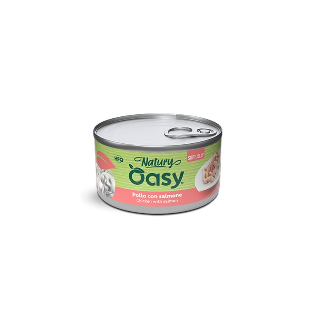 oasy natury pollo salmone, umido gatto soft jelly, cibo naturale per gatti adulti, oasy gatto 85g, alimento complementare gatto, umido naturale pollo salmone gatto, bocconcini in jelly gatto, umido per gatti di qualità