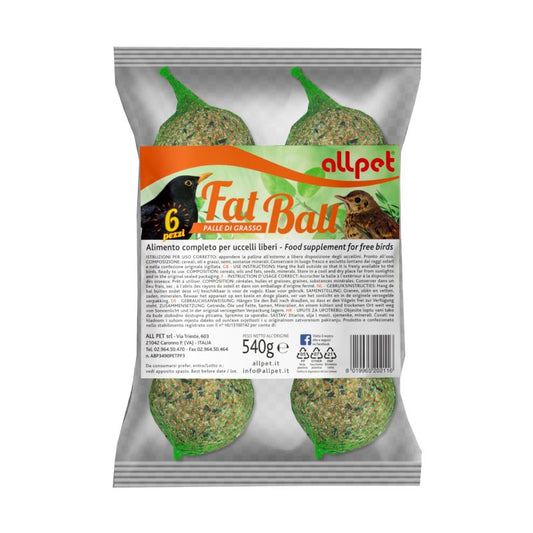 palle di grasso uccelli selvatici, alimento invernale uccelli alto contenuto energetico, cibo complementare per uccelli da giardino, semi e grasso uccelli inverno, mangime per uccelli selvatici invernale, AllPet palle di grasso 6 pezzi