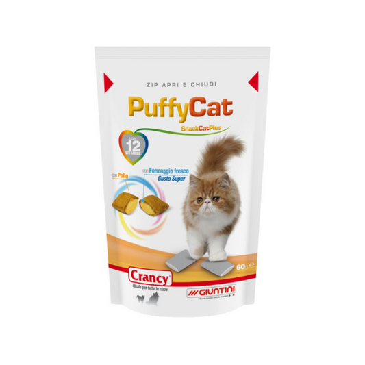 snack croccante ripieno formaggio gatto, Crancy Puffy Cat Giuntini recensioni, snack vitaminico igiene orale gatto, snack pollo gatti Giuntini