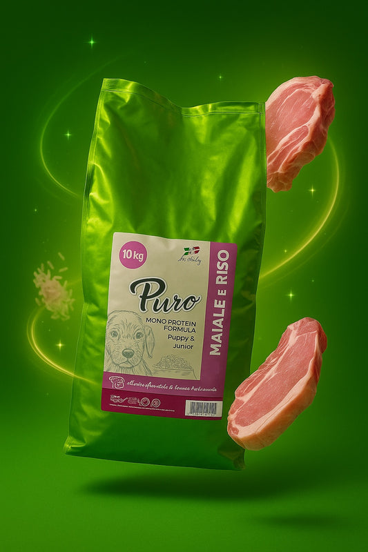 Alimento per cuccioli, crocchette monoproteiche, cibo per cani senza glutine, dieta ipoallergenica per cuccioli, alimentazione naturale per cani, cibo per cuccioli con sensibilità alimentari, prodotto italiano per cani, crocchette al maiale per cuccioli.