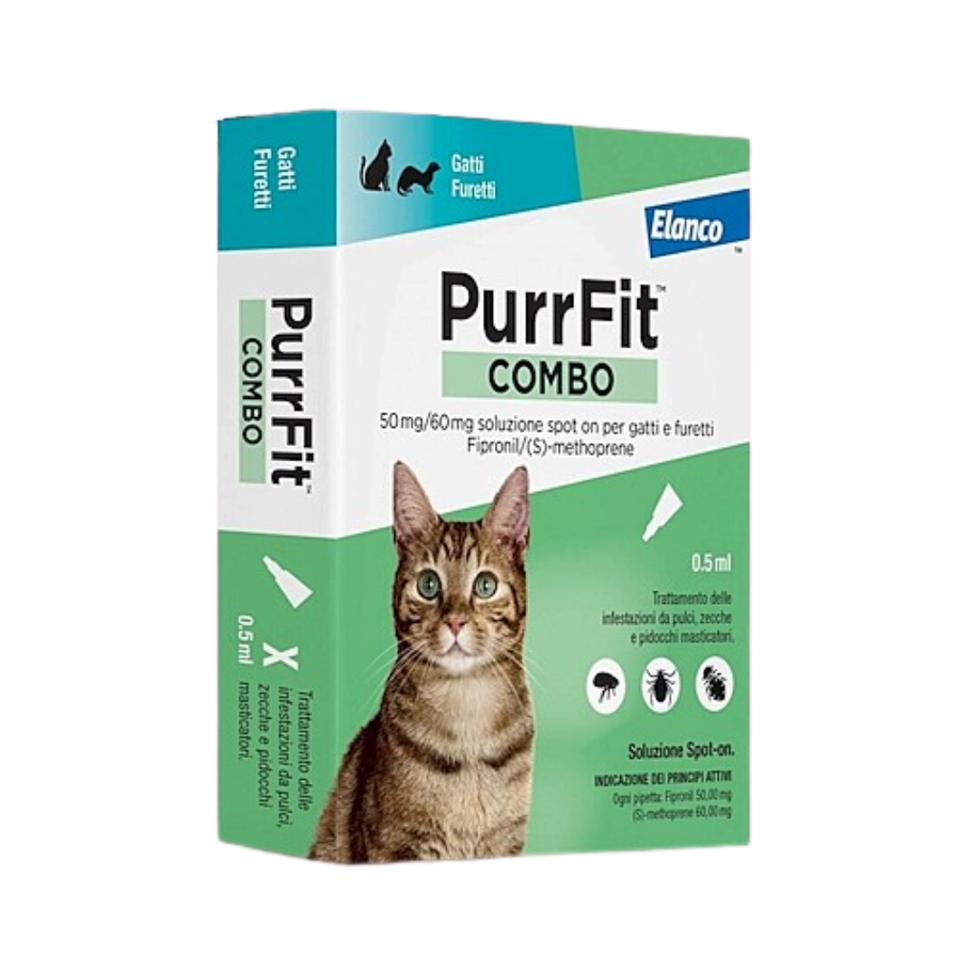 pipette antiparassitarie gatto PurrFit Combo, antiparassitario gatti spot on, protezione pulci zecche gatto, antiparassitario furetti, pipette per furetti, pipette fipronil methoprene gatto, antiparassitario senza prescrizione gatto