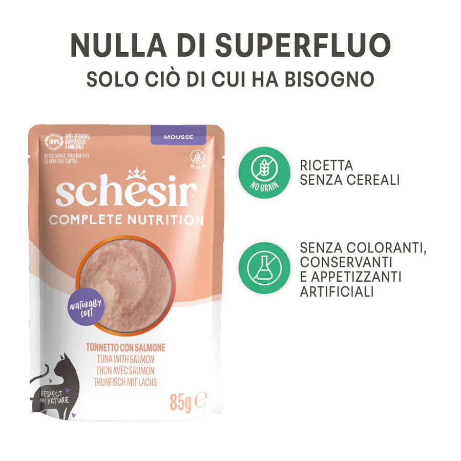 Schesir Umido Gatto, Schesir vellutata, Schesir Vellutate, Schesir mousse gatto 85g, umido Schesir gatto mousse, cibo umido gatto tonnetto e salmone, alimento completo gatto Schesir, mousse gatto alta qualità, umido gatto ricco di proteine, Schesir gatto senza conservanti, cibo gatto idratazione, alimento umido gatto naturale, mousse gatto 85g