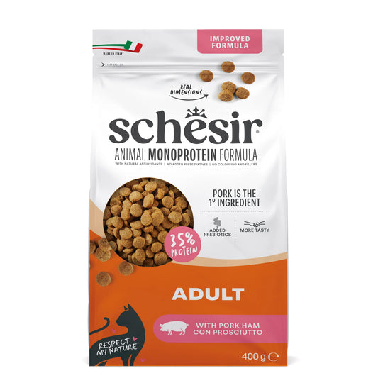 schesir gatto, schesir crocchette gatto, crocchette monoproteiche gatto, alimento secco gatto 400g, crocchette gatto maiale, cibo gatto monoproteico made in Italy, crocchette gatto alta digeribilità, alimento gatto con omega 3, crocchette gatto senza conservanti artificiali, cibo secco gatto adulto premium