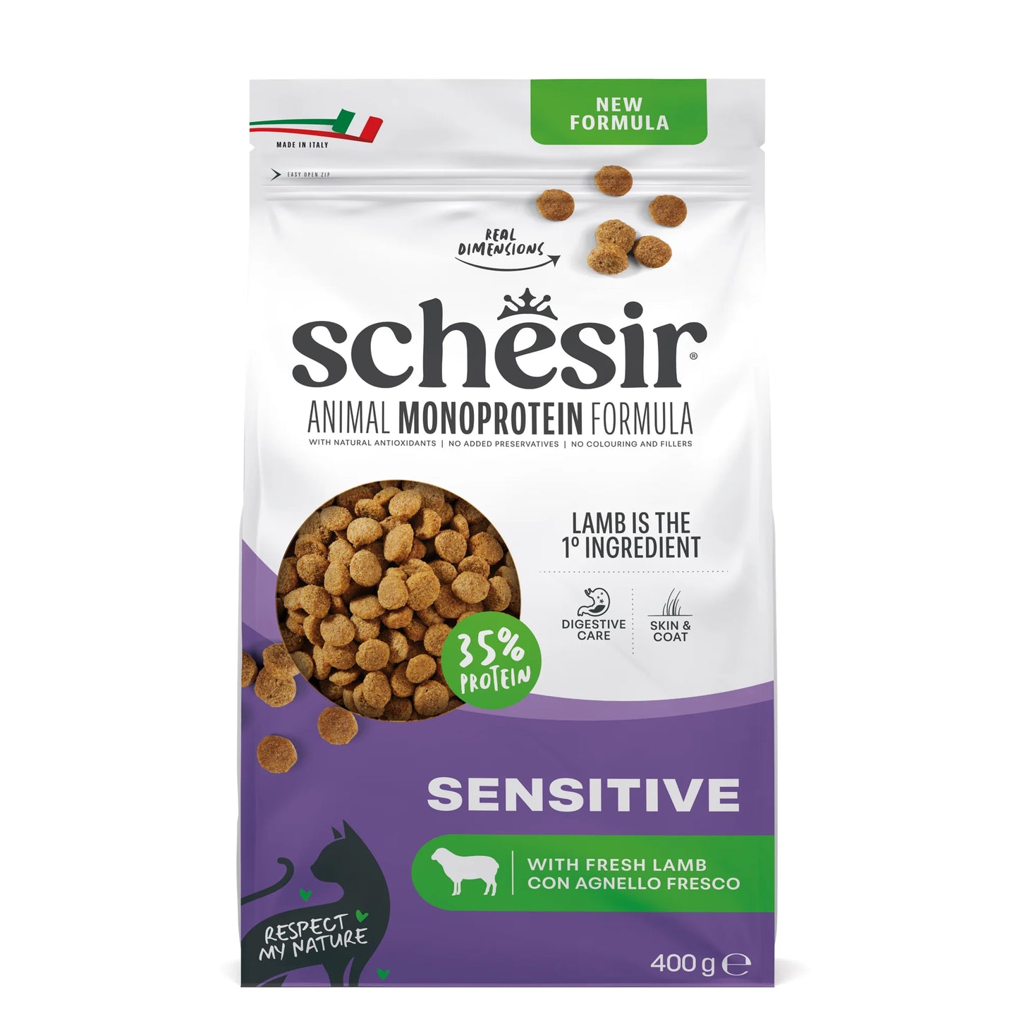 schesir gatto, schesir crocchette gatto, crocchette gatto sensitive, crocchette monoproteiche agnello gatto, Schesir gatto sensitive agnello, alimento gatto digestione delicata, crocchette gatto con prebiotici, cibo secco gatto agnello 400g, crocchette gatto omega 3, alimento premium gatto sensibile, crocchette gatto made in Italy