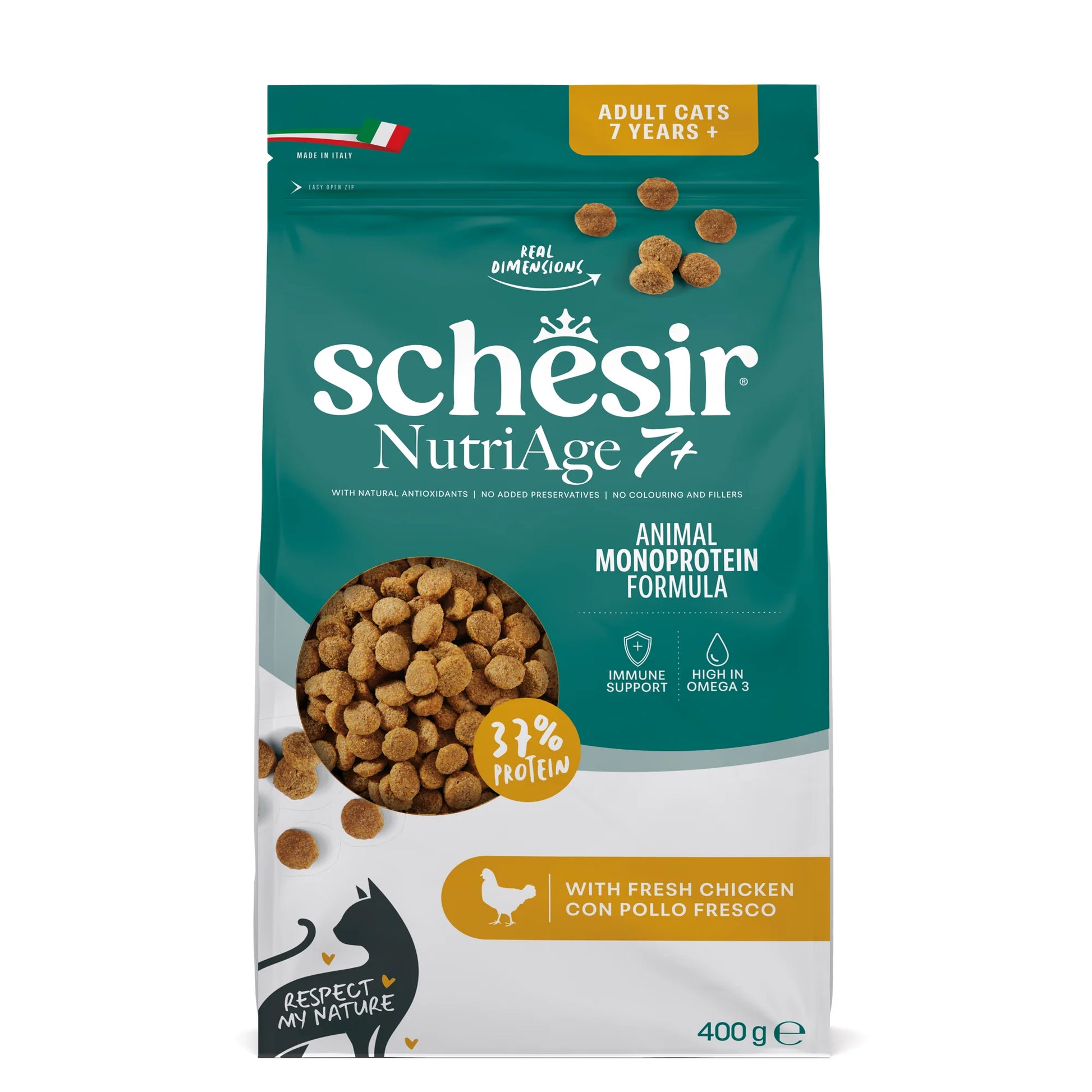 schesir gatto, schesir crocchette gatto, crocchette gatto senior, alimento monoproteico gatto anziano, crocchette gatto pollo senior, cibo secco gatto 7+, alimento gatto controllo peso senior, crocchette gatto supporto renale, crocchette gatto made in Italy, alimento premium gatto senior 400g, crocchette gatto alta proteina