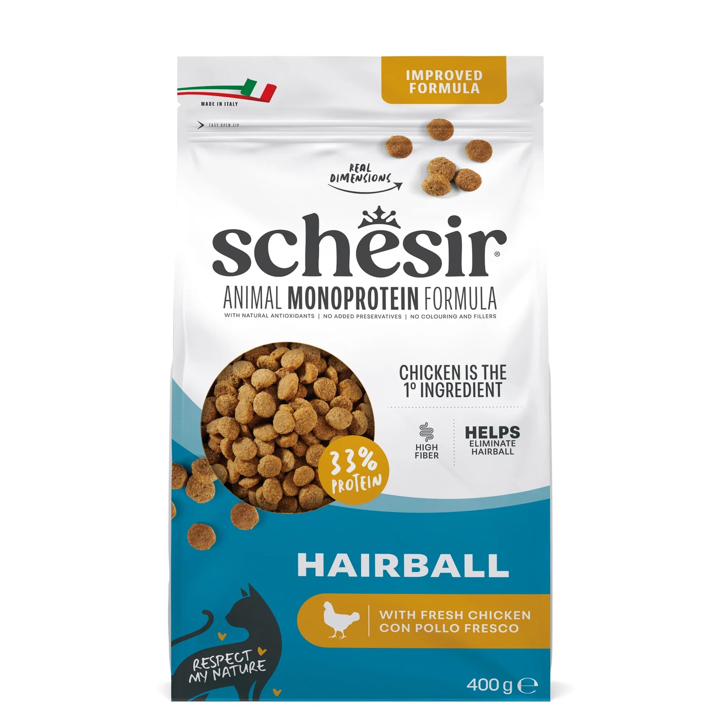 schesir gatto, schesir crocchette gatto, crocchette hairball gatto, alimento monoproteico gatto adulto, crocchette gatto boli di pelo, cibo secco gatto pollo, crocchette gatto digestione, alimento gatto con fibre vegetali, crocchette gatto FOS, crocchette gatto made in Italy, cibo premium gatto hairball 400g