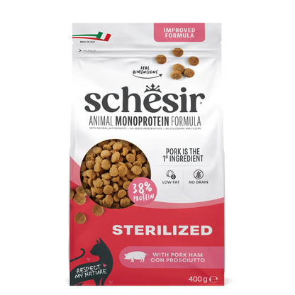 schesir gatto, schesir crocchette gatto, crocchette gatto sterilizzato, alimento monoproteico gatto sterilized, crocchette gatto prosciutto, cibo gatto senza cereali, crocchette gatto controllo peso, alimento gatto con L-Carnitina, crocchette gatto made in Italy, cibo secco gatto sterilizzato 400g, crocchette premium gatto sterilizzato