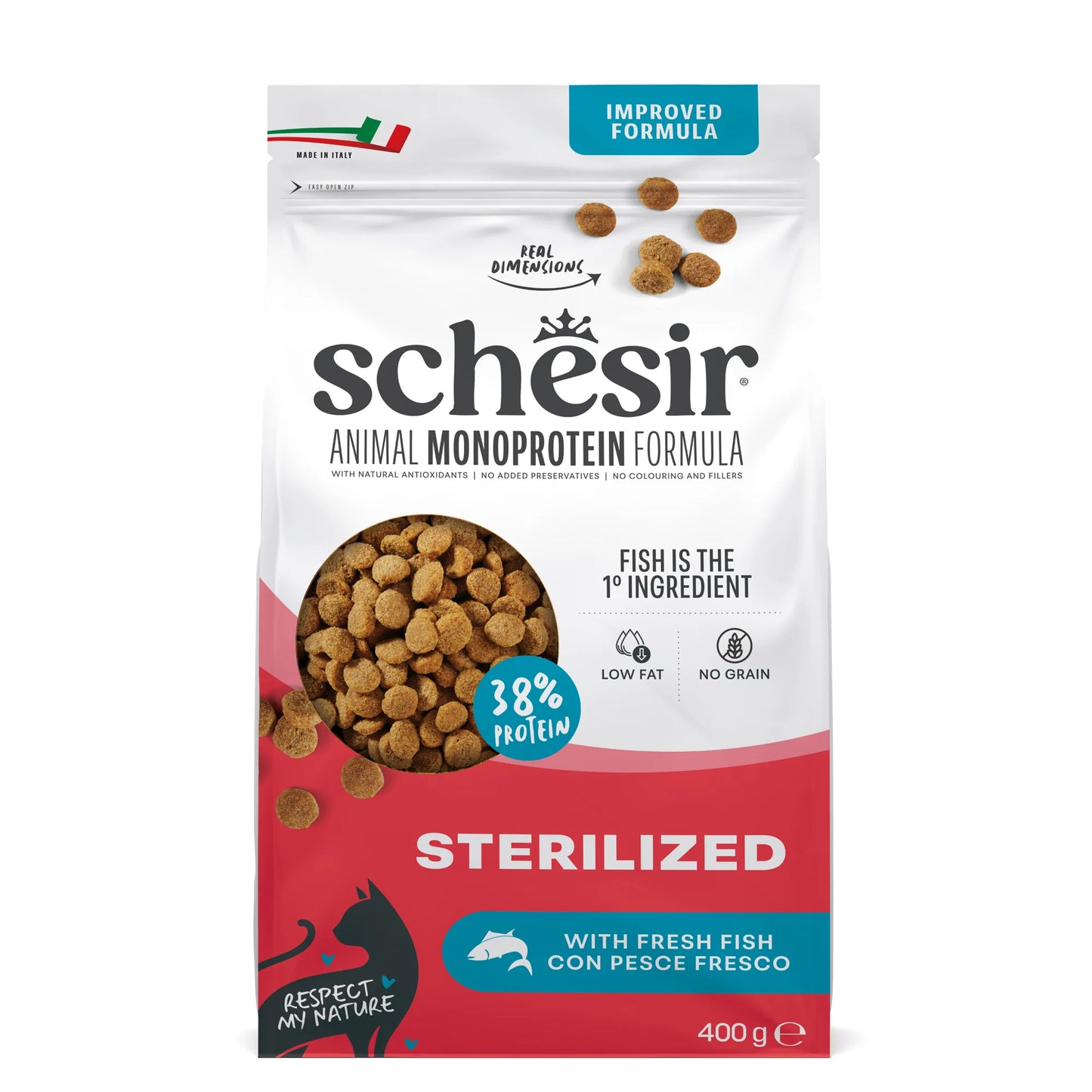 schesir gatto, schesir crocchette gatto, crocchette gatto sterilizzato, alimento monoproteico gatto sterilized, crocchette gatto prosciutto, cibo gatto senza cereali, crocchette gatto controllo peso, alimento gatto con L-Carnitina, crocchette gatto made in Italy, cibo secco gatto sterilizzato 400g, crocchette premium gatto sterilizzato