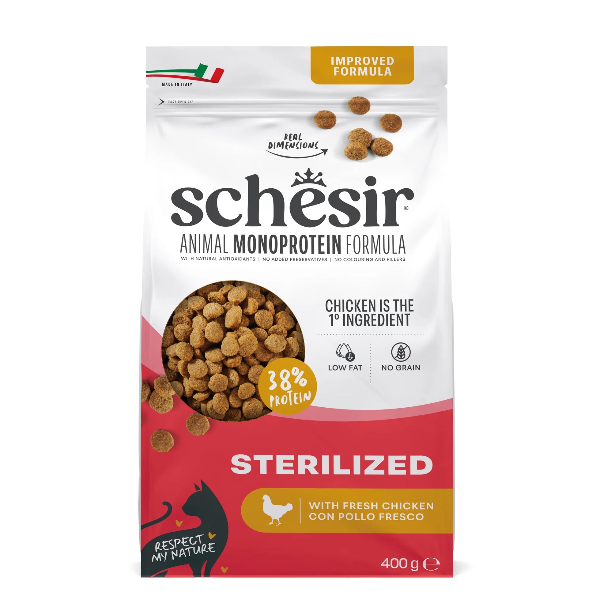 schesir gatto, schesir crocchette gatto, crocchette gatto sterilizzato, alimento monoproteico gatto sterilized, crocchette gatto prosciutto, cibo gatto senza cereali, crocchette gatto controllo peso, alimento gatto con L-Carnitina, crocchette gatto made in Italy, cibo secco gatto sterilizzato 400g, crocchette premium gatto sterilizzato