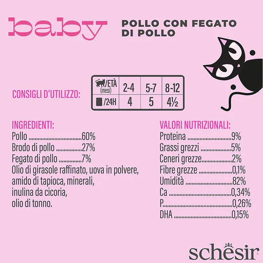 schesir baby gatto, umido gattini mousse, alimento completo gattino grain free, cibo umido gattino 2-12 mesi, mousse svezzamento gatto, schesir umido gatto