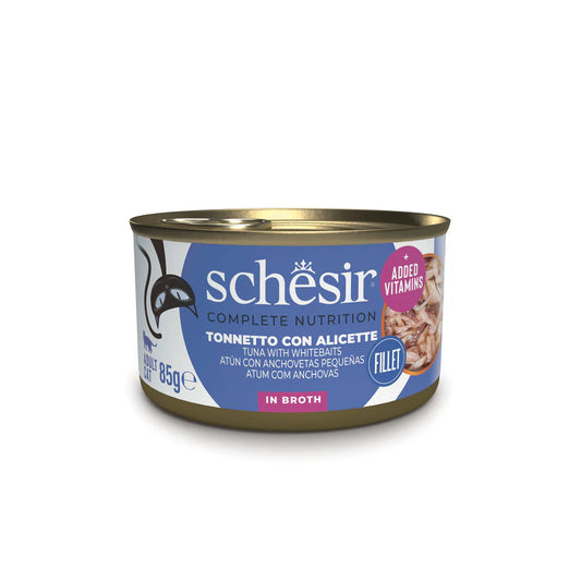 Schesir filetti in brodo gatto adulto, umido completo senza glutine gatti, brodo umido Schesir per gatti, cibo umido gatto, alimentazione umida naturale per gatti
