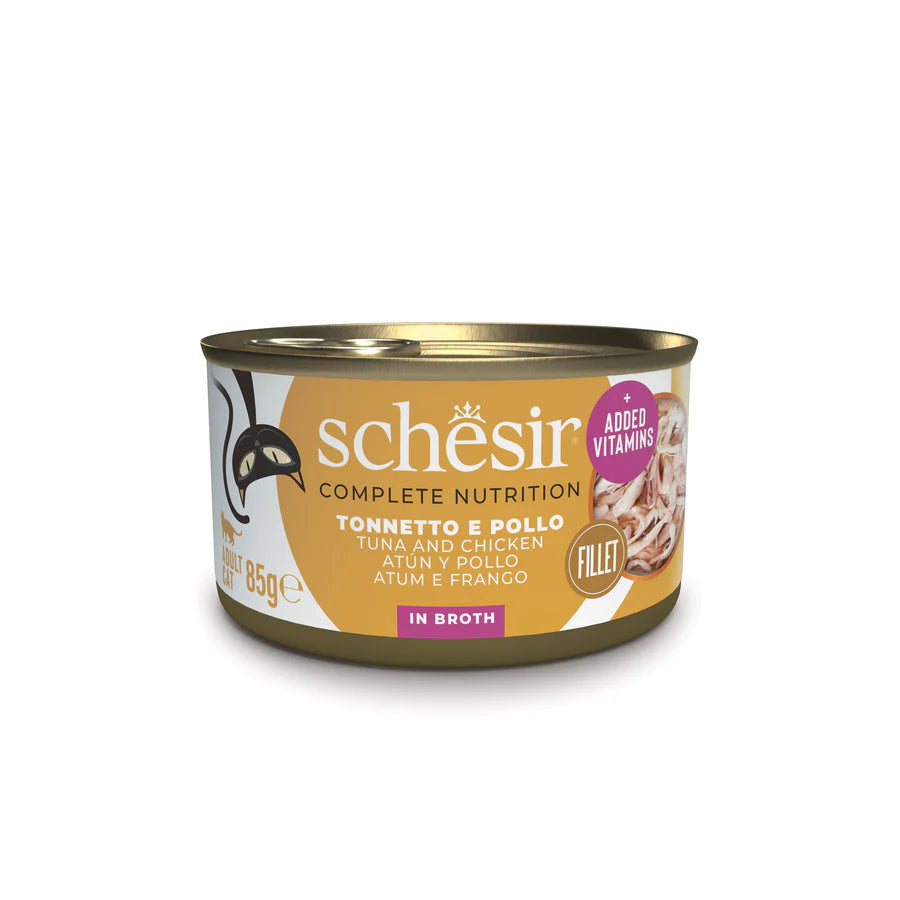 Schesir filetti in brodo gatto adulto, umido completo senza glutine gatti, brodo umido Schesir per gatti, cibo umido gatto, alimentazione umida naturale per gatti