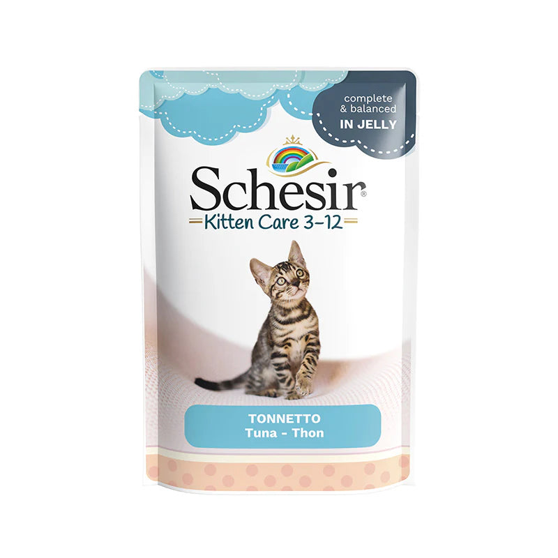 Schesir gatto umido, Kitten Care tonnetto gelatina, umido gattini tonnetto jelly 85g, alimento completo cuccioli gatto Schesir, brodo in gelatina gattini crescita, umido gatto cucciolo, umido gatti cuccioli