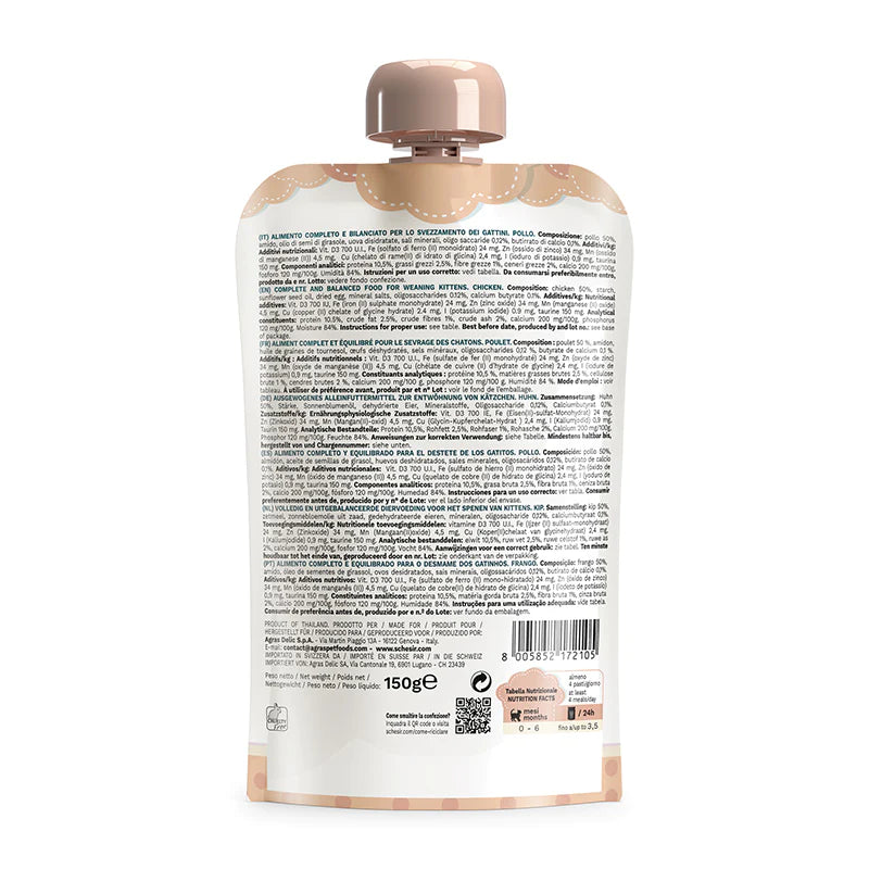 Schesir Kitten Care, cibo umido gattini 0 6 mesi, crema per gattini grain free, busta richiudibile gattino, alimento svezzamento gattini, umido kitten con taurina, alimento completo per gattini