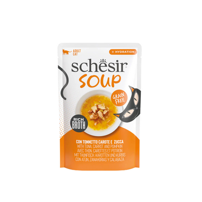 Schesir Gatto umido, zuppa gatti senza cereali, Schesir Soup umido gatti brodo, snack idratante gatti grain free, zuppa complementare per gatti adulti, Schesir zuppa naturale gatti